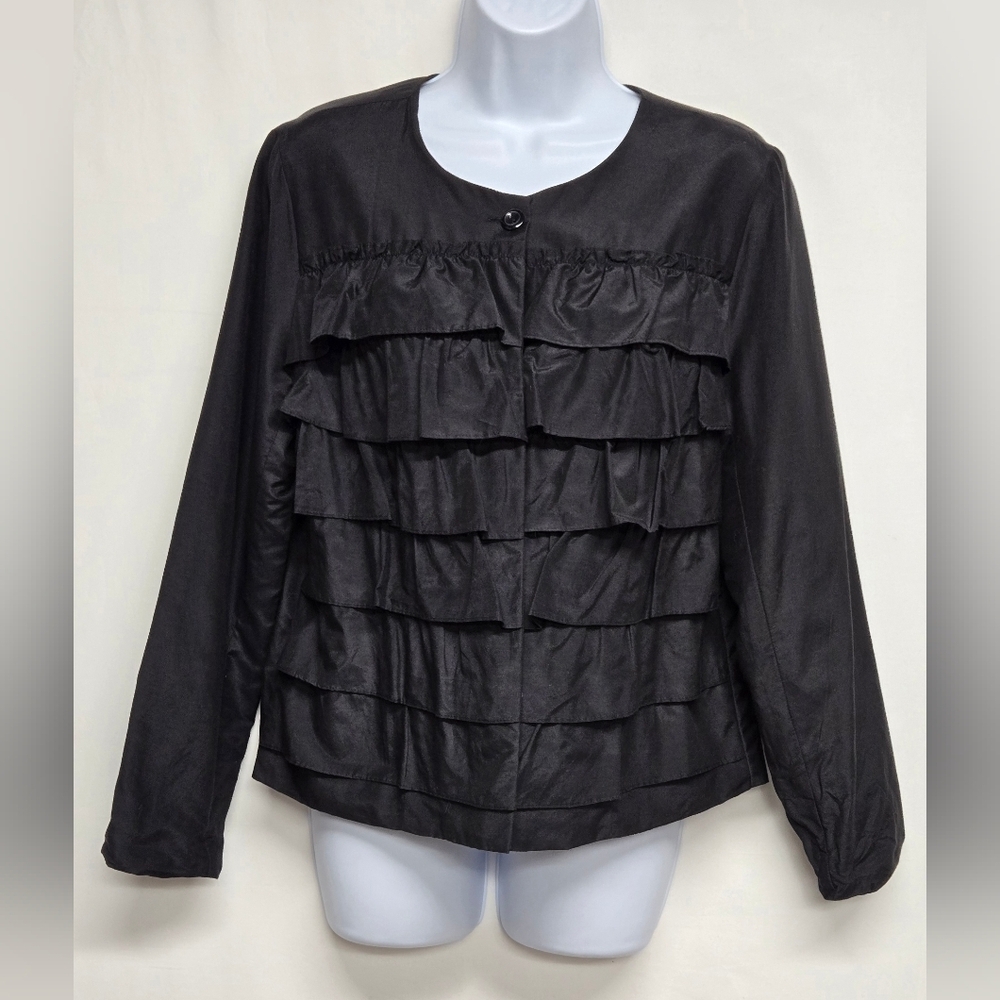 Christopher & Banks Top Ruffled Tiered Button Down Long Sleeve Cotton Silk